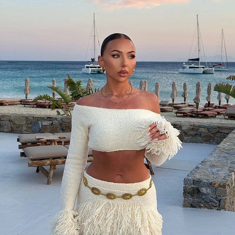 Elegant Tassel Knitted Skirt Set Women Off Shoulder Long Sleeve Crop Top Hip Package Mini Skirts Suit Summer Beach Lady Outfits