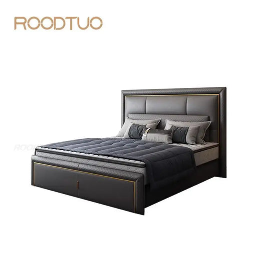 Light Luxury  Bed Frame Dark Gray Complete Furniture Bedrooms Set Beside Tables Cama King Size 2 People For Apartment Villa Home