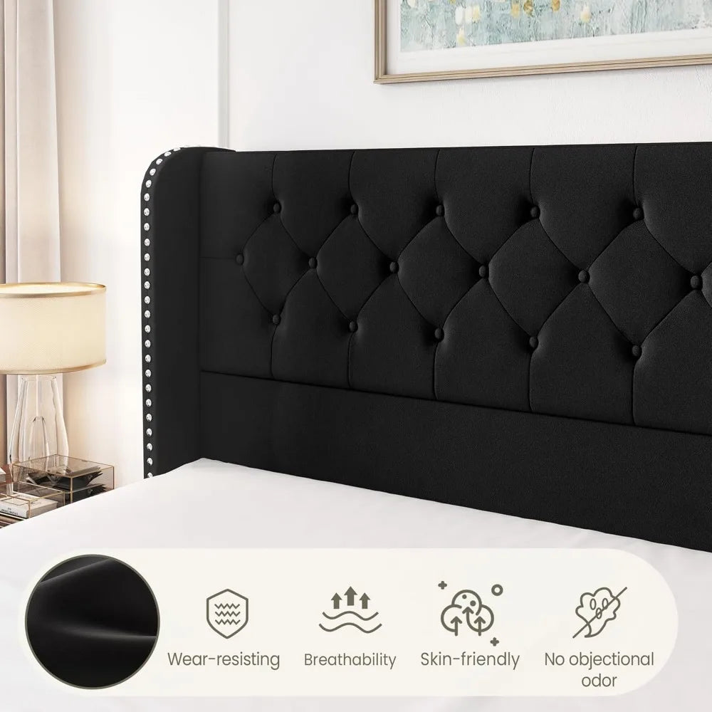 Bedroom Bed, King Size Bed Frame with 4 Storage Drawers and Tufted Headboard Velvet Upholstered Platform Bed Frame Wingback