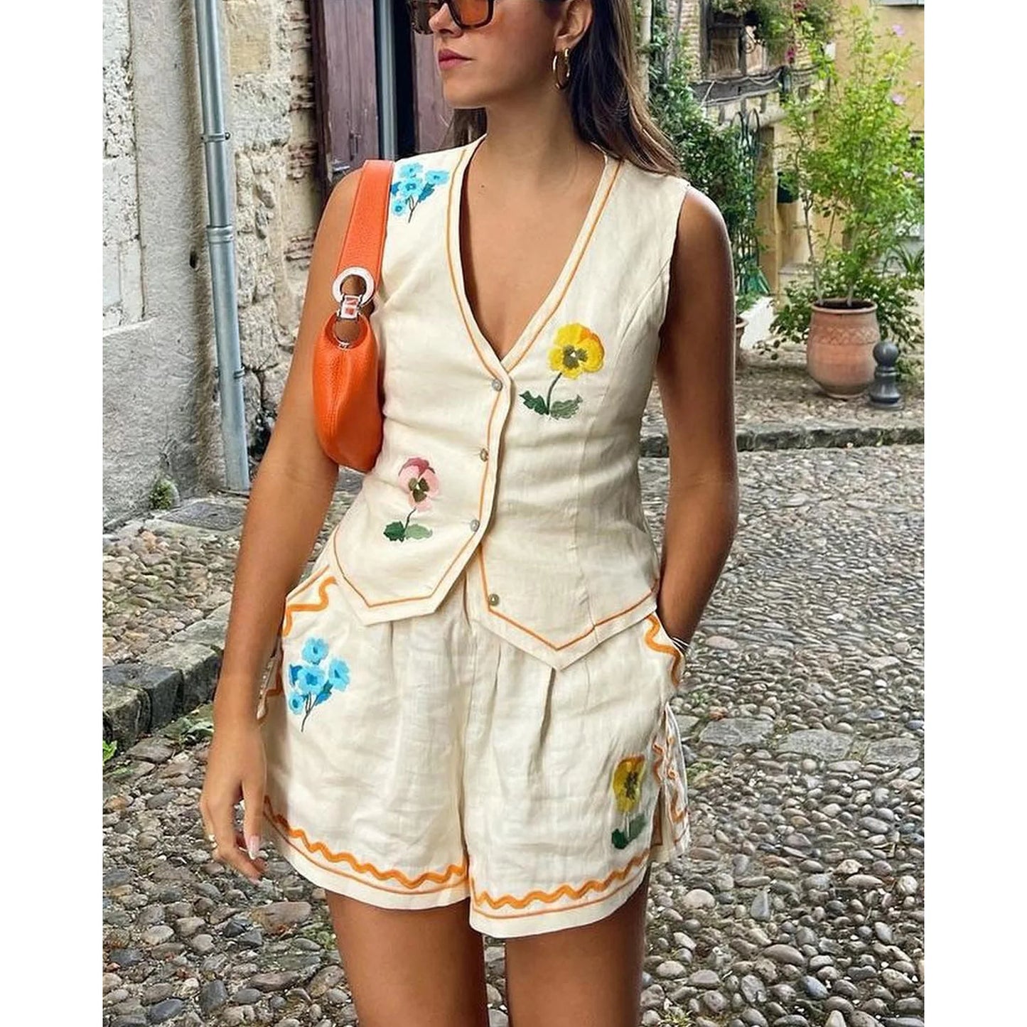 Spring  Summer Women's Suit New Sleeveless Vest Printed Vest Set Casual Loose Wide Leg Pants Vacation Two-piece Set For Women