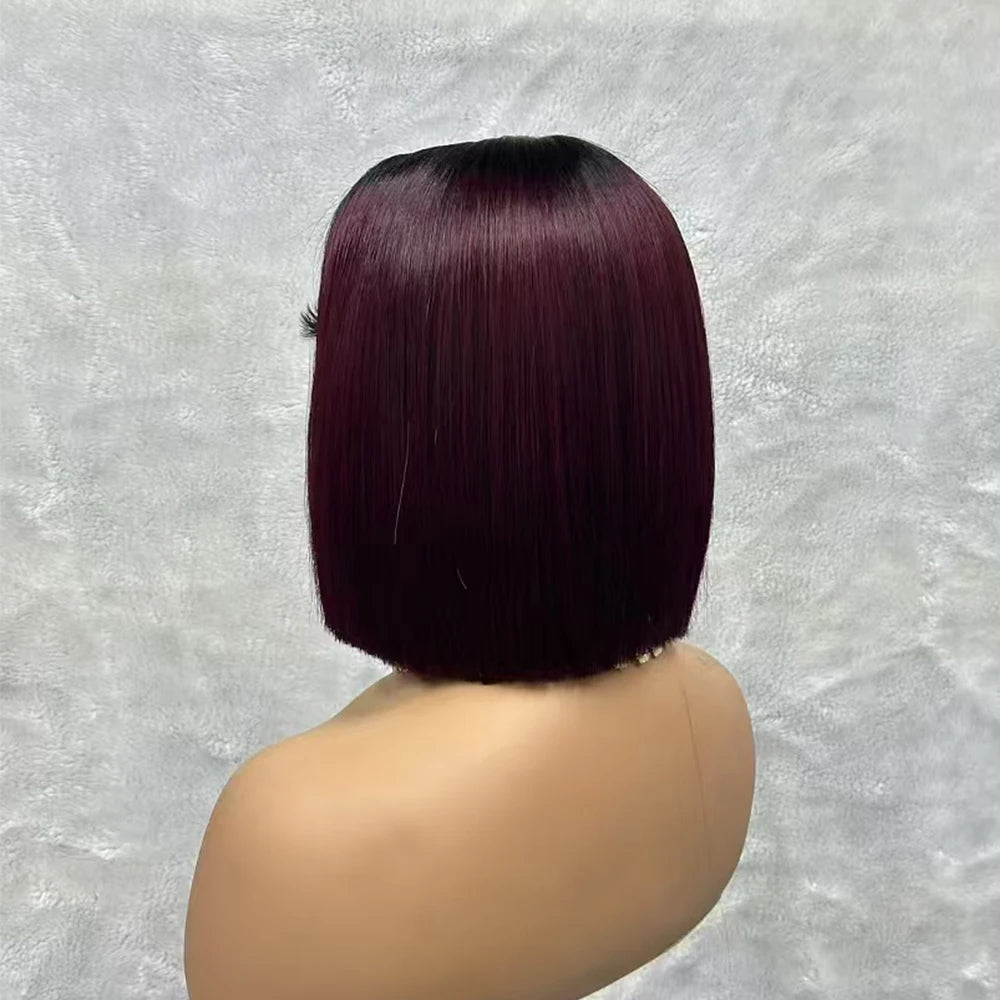 Wine Red Short Bob Human Hair Wig Virgin Brazilian Bone Straight Bob Hair Wig 2x6 Lace Closure Wigs