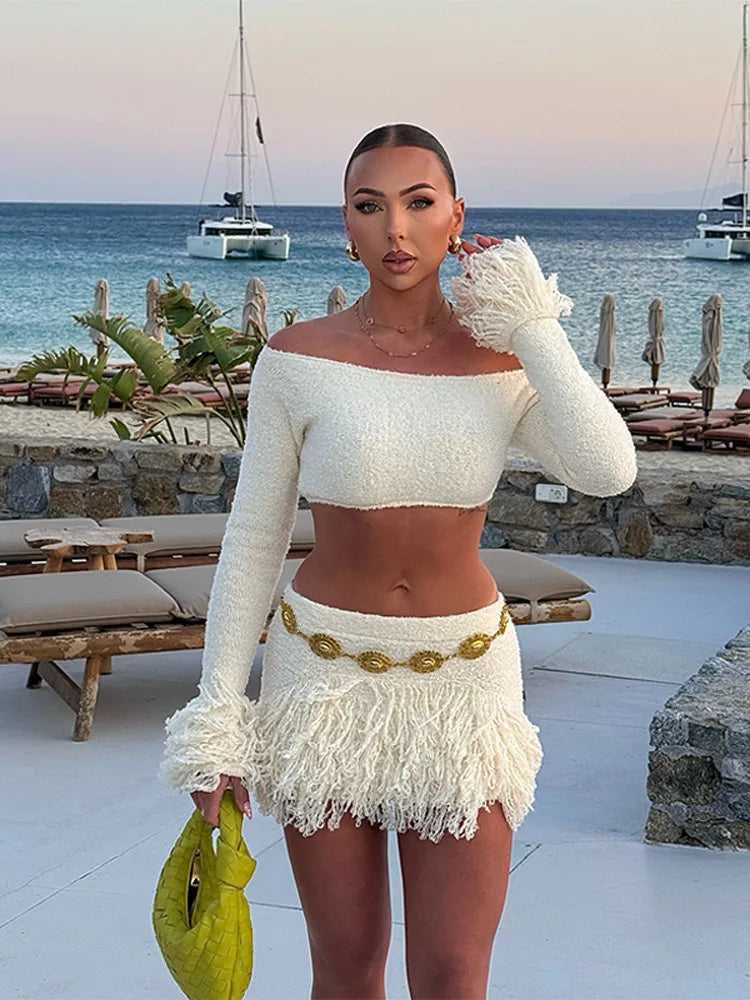 Elegant Tassel Knitted Skirt Set Women Off Shoulder Long Sleeve Crop Top Hip Package Mini Skirts Suit Summer Beach Lady Outfits