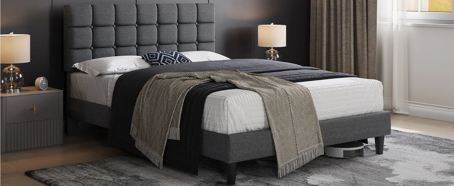 Soft Padded Bed Frame, Modern King Size Bed Platform, with Square Stitching and Button Tufted Headboard, Adjustable Height
