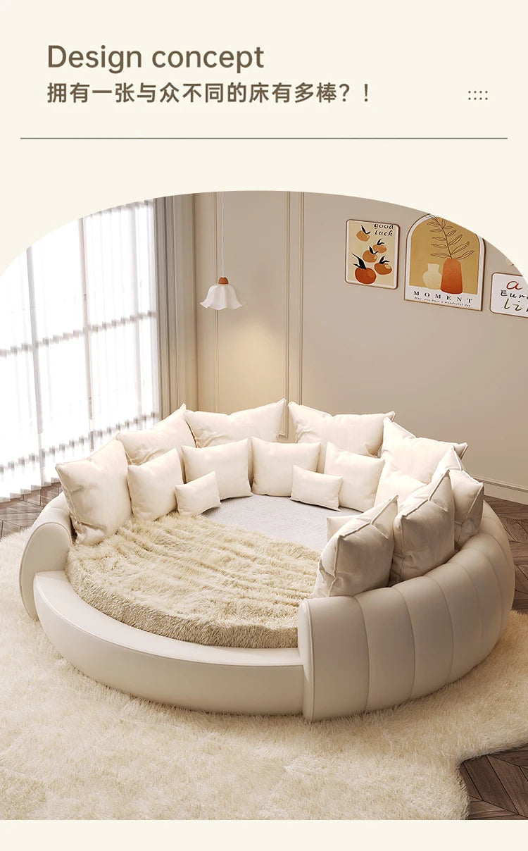 Minimalist Genuine Leather Bed Round Modern King Size American Style Fashionable Bed Light Luxury Wedding Full Lit Furniture