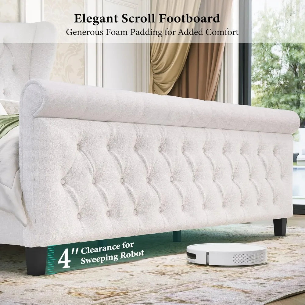 King Size Chenille Upholstered Bed Frame, Sleigh Platform Bed Frames with 51" Tall Wingback Headboard & 27" Scroll Footboard