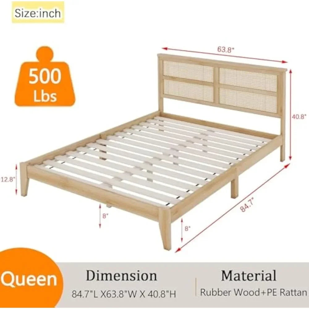 Queen Size Rattan Bed Frame, Natural Wood Bed Frame with Support Legs, Platform Beds with Rattan Headboard, Queen Bed Frame