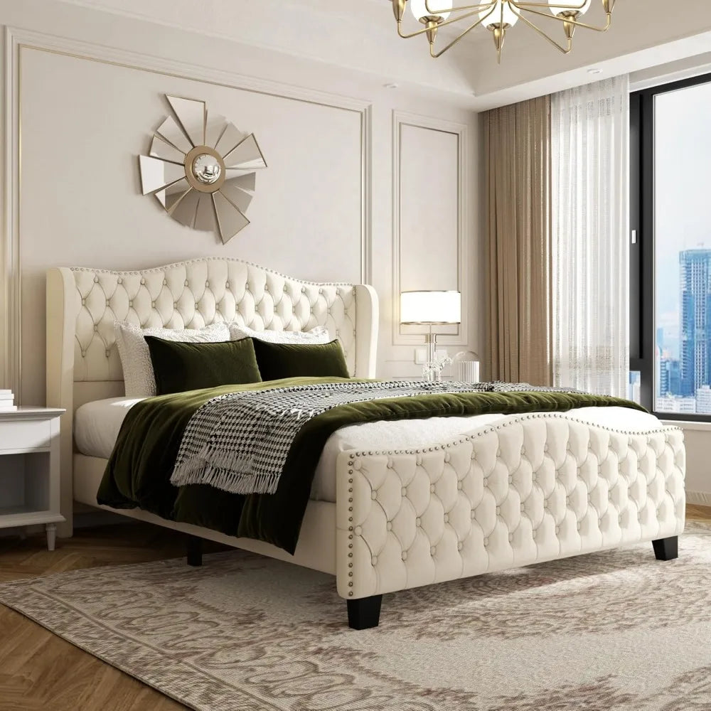 King Size Bed Frame with 51-inch Tall Camelback Headboard, Velvet Upholstered Platform Bed with Deep Button Tufted Footboard & N