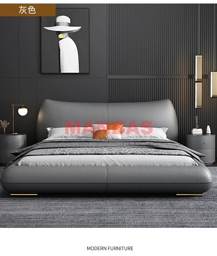 Linlamlim Genuine Leather Bed Double Size Rectangle Bed Frame Nordic King/Queen Size Wedding Lits Designer Upholstered Camas
