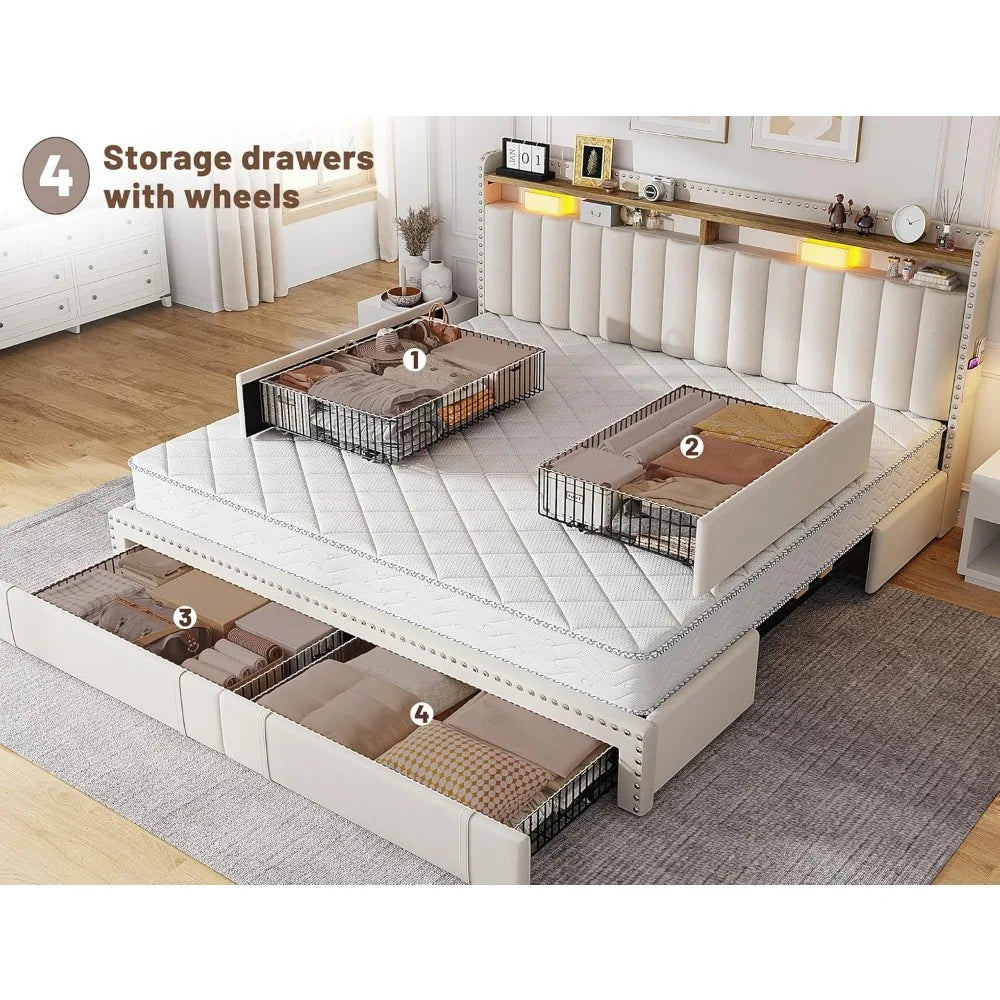 EnHomee King Size Bed Frame with 4 Storage Drawers, Upholstered King Bed Frame and headboard with 2-Tier Shelves, Sturdy Wooden