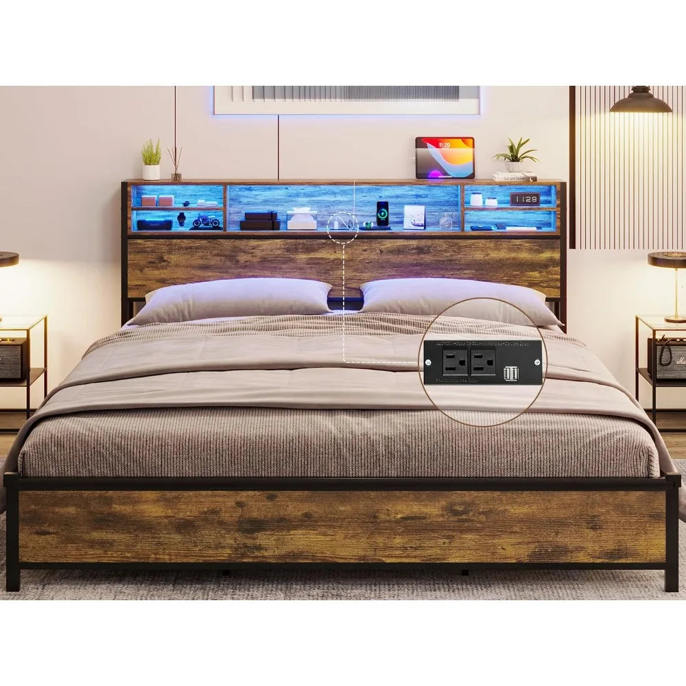 King Size Bed Frame with Storage Headboard Bed Frame with USB Ports & Charging Outlets No Box Spring Needed Bed Frame