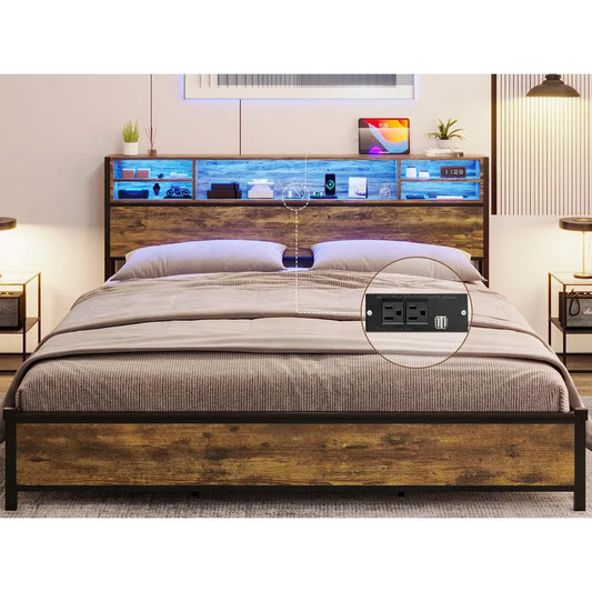 King Size Bed Frame with Storage Headboard Bed Frame with USB Ports & Charging Outlets No Box Spring Needed Bed Frame