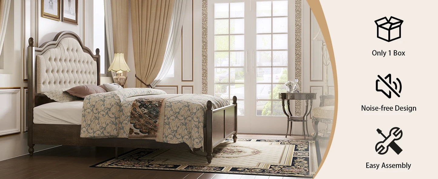 King Size Wood Bed Frame with Upholstered Headboard, Solid Wood Platform Bed with Linen Tufted, No Box Spring Needed