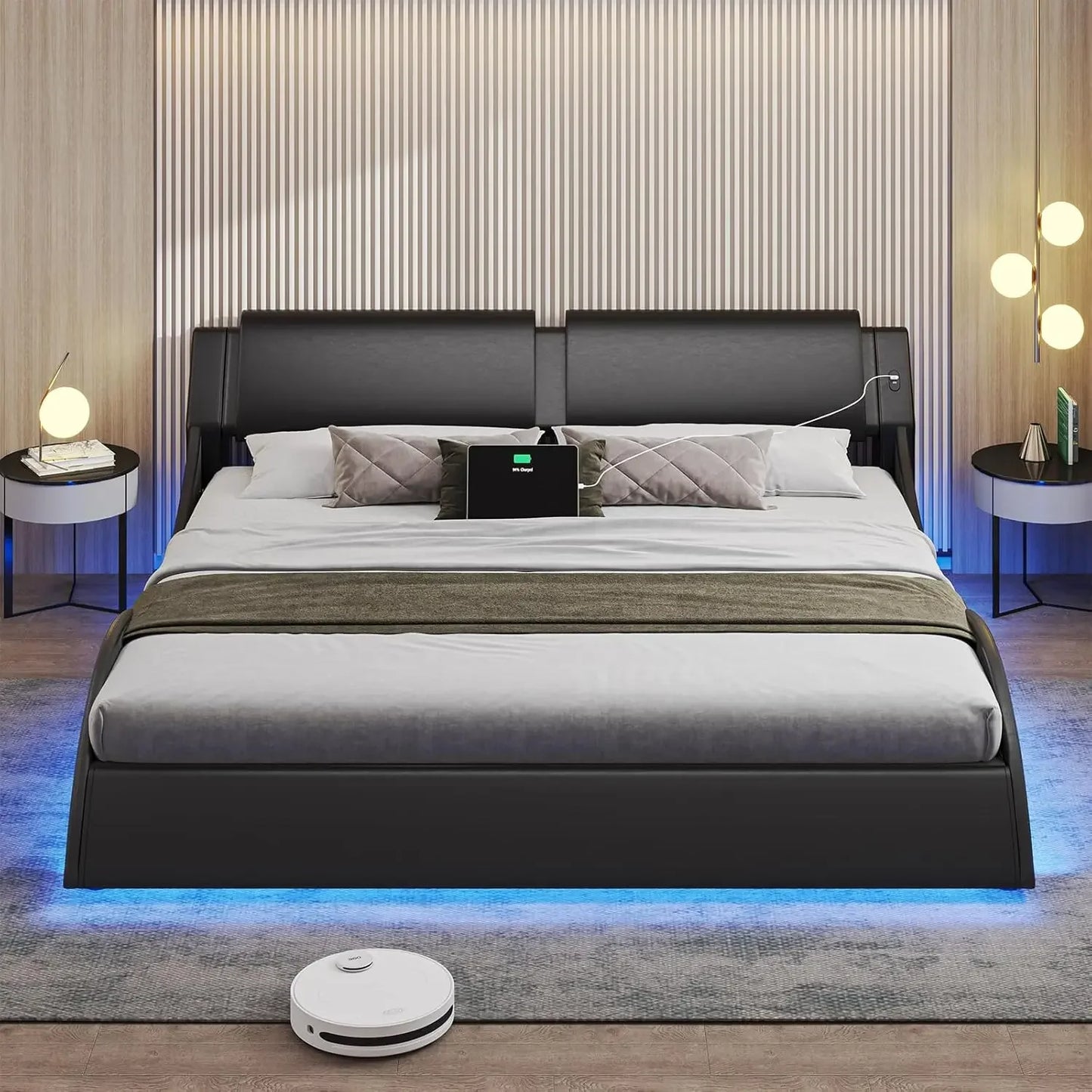 King Bed Frame with Charging Ports and Headboard King Size Platform Bed Frame with LED Lights Wave Like Curve King Led Bed
