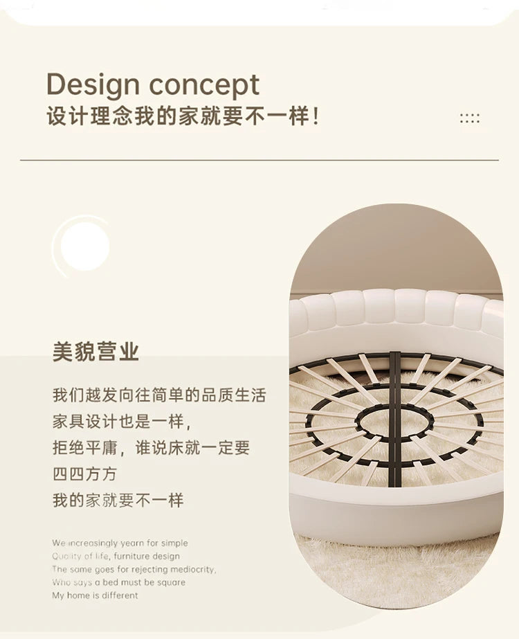 Minimalist Genuine Leather Bed Round Modern King Size American Style Fashionable Bed Light Luxury Wedding Full Lit Furniture