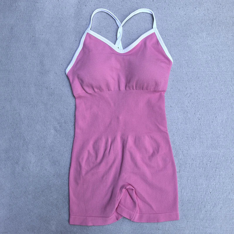 Summer Seamless Yoga Jumpsuit Women Gym Set Spaghetti Strap Leisure Workout Gym Shorts Padded Bra One-piece Fitness Bodysuits