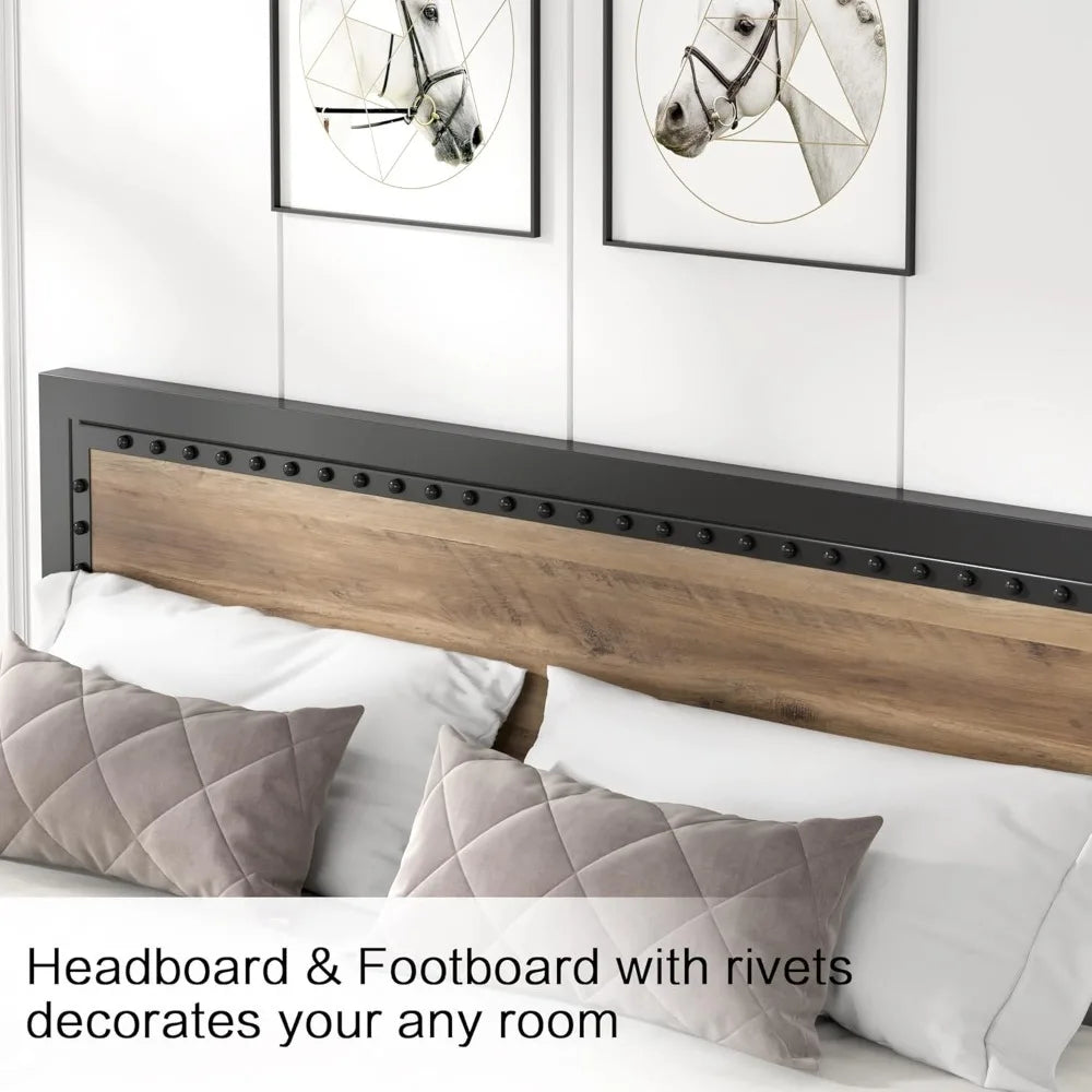 Keyluv King Bed Frame with 4 Storage Drawers, Rivet Modern Headboard and Footboard Platform Bed with Solid Wood Slats Support, N