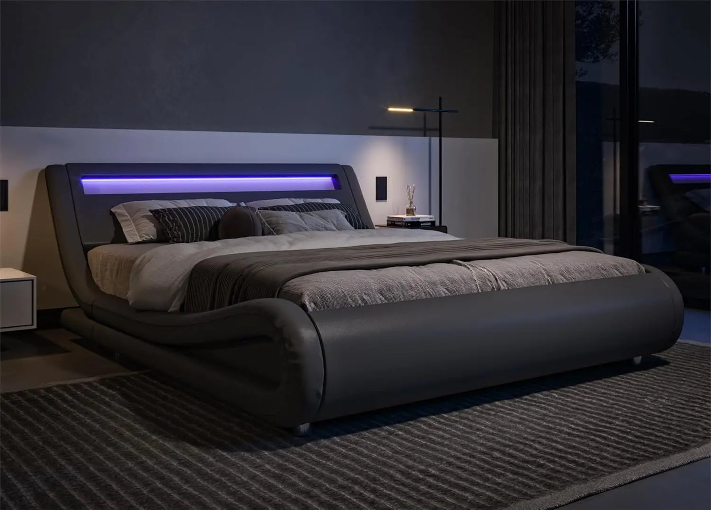 King Size LED Platform Bed Frame with Adjustable Headboard/No Box Spring Need/Easy Assembly/Faux Leather in White and Black