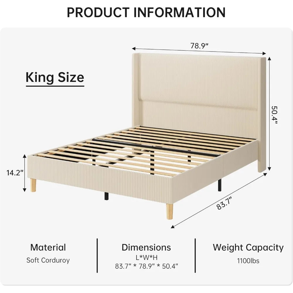 King Size Bed Frame, Upholstered Platform Corduroy Bed Frame with Vertical Channel Tufted Wingback Headboard, Strong Wooden Slat