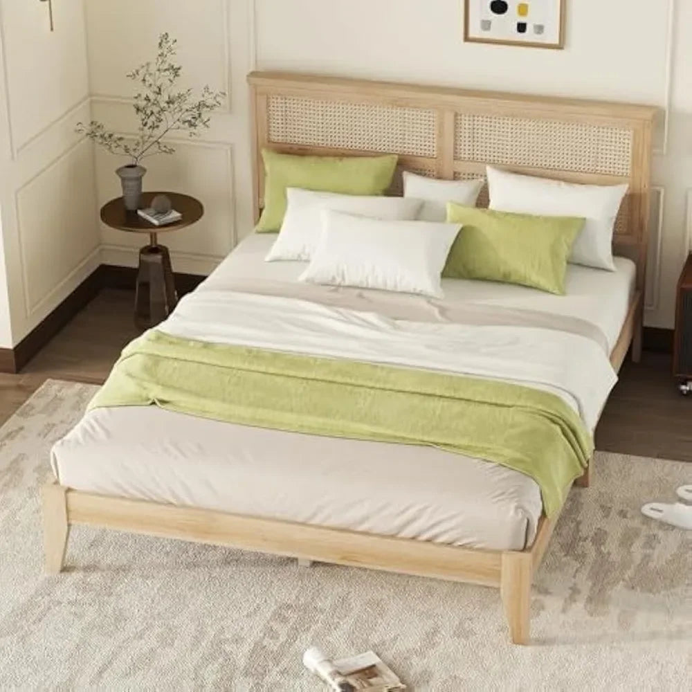 Queen Size Rattan Bed Frame, Natural Wood Bed Frame with Support Legs, Platform Beds with Rattan Headboard, Queen Bed Frame