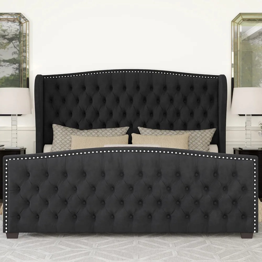 AMERLIFE Queen Size Platform Bed Frame, Velvet Upholstered Bed with Deep Button Tufted & Nailhead Trim Wingback Headboard/No Box