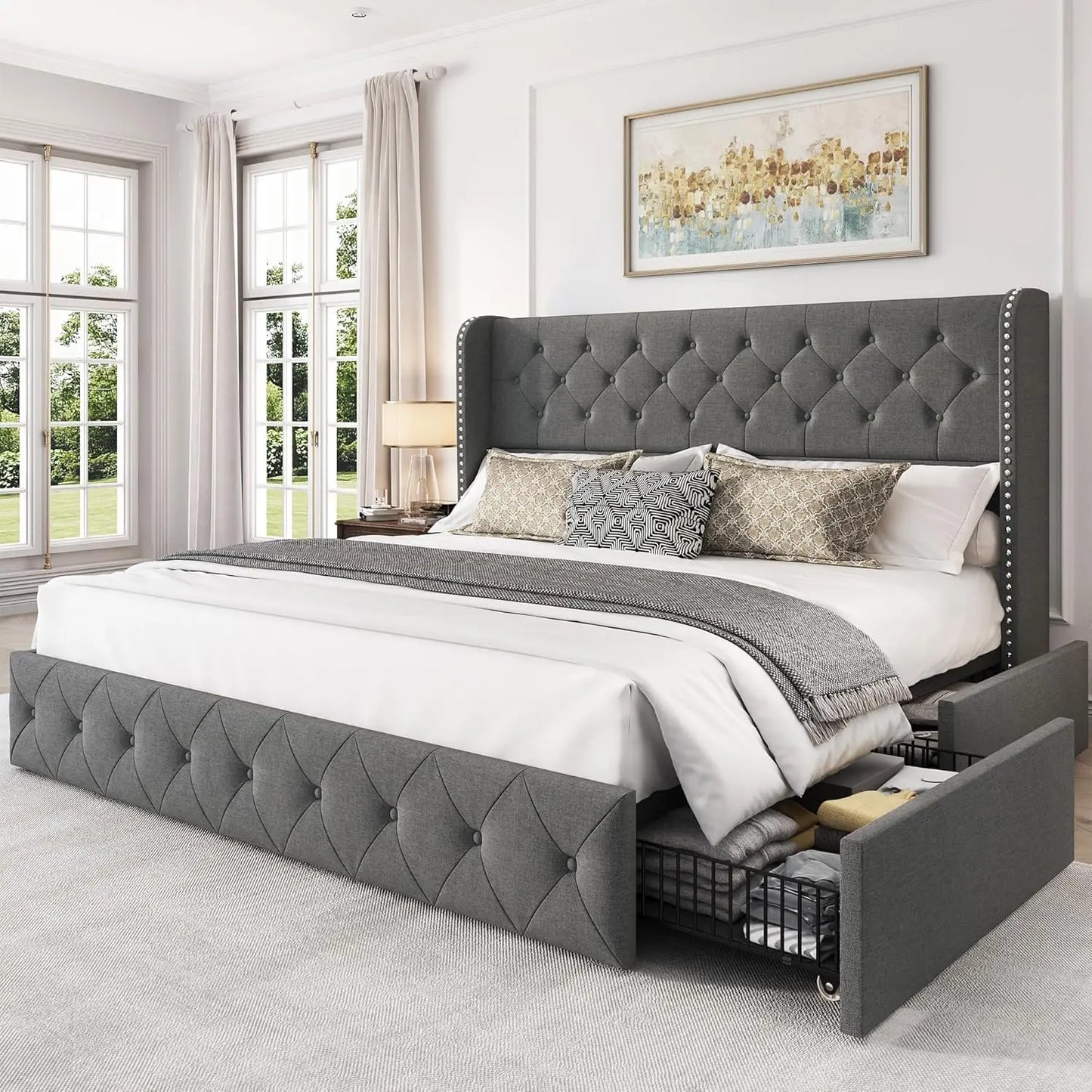 Bedroom Bed, King Size Bed Frame with 4 Storage Drawers and Tufted Headboard Velvet Upholstered Platform Bed Frame Wingback