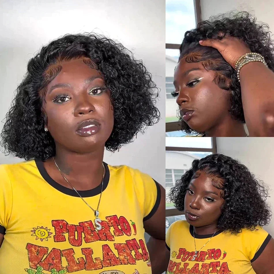 200 Density 13x6 Short Bob  Deep Wave wigs Curly 100% Human Hair 13x4 HD Transparent Lace Front Wig 14 16 Inches