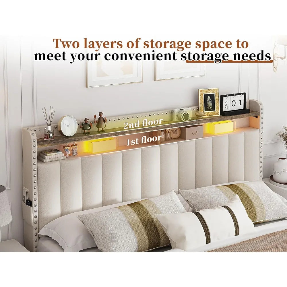 EnHomee King Size Bed Frame with 4 Storage Drawers, Upholstered King Bed Frame and headboard with 2-Tier Shelves, Sturdy Wooden