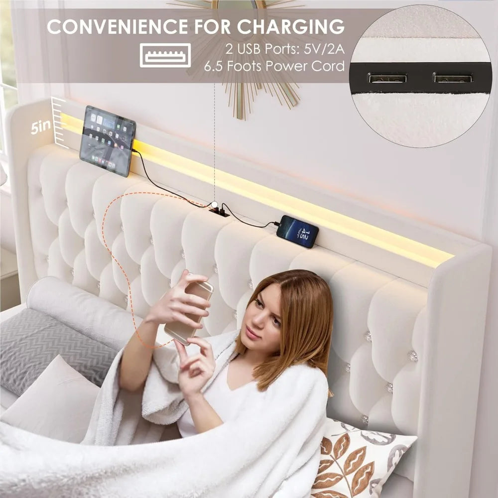 bedstead, with Charging Station and 4 Storage Drawers, Velvet Upholstered Platform Bed with Headboard, Metal Frame, bedstead