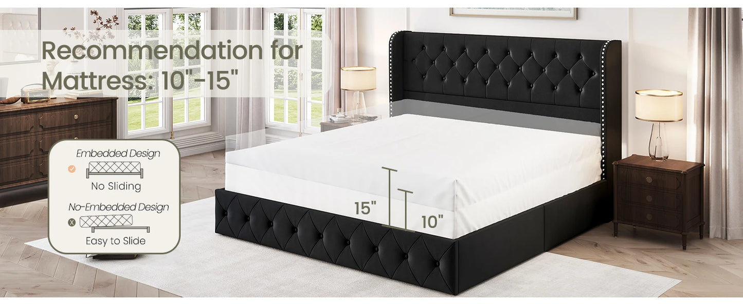 Bedroom Bed, King Size Bed Frame with 4 Storage Drawers and Tufted Headboard Velvet Upholstered Platform Bed Frame Wingback