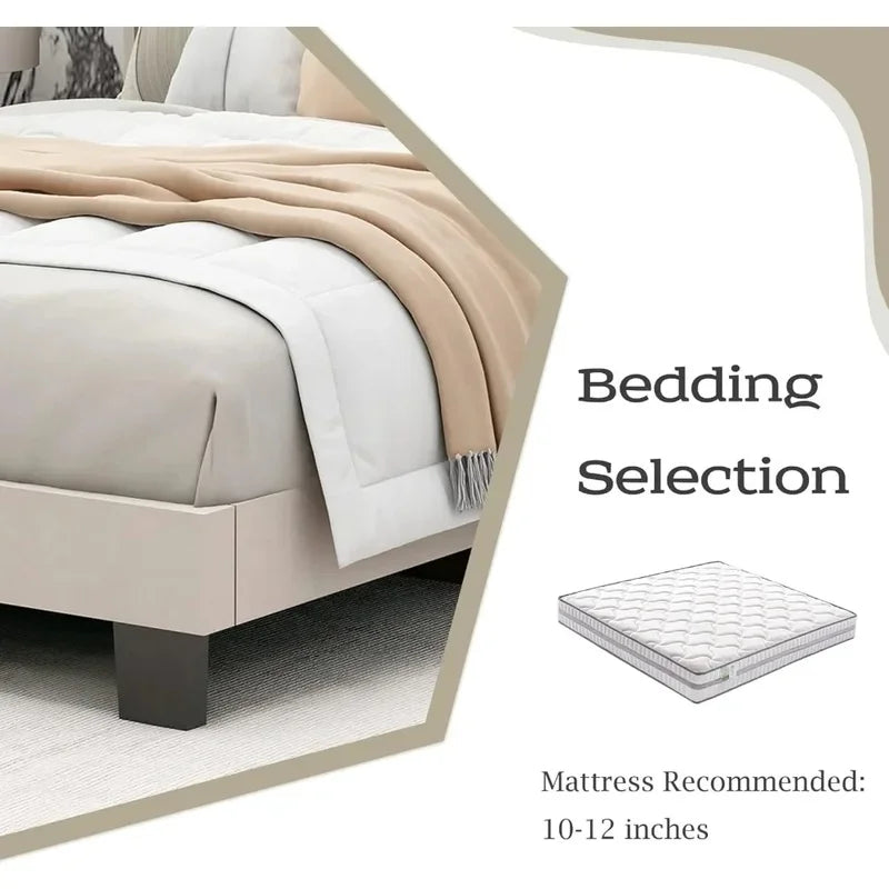 King Size Upholstered Platform Bed Frame with Headboard, Wooden Slats, Easy Assembly, No Box Spring Needed, Beige Velvet.
