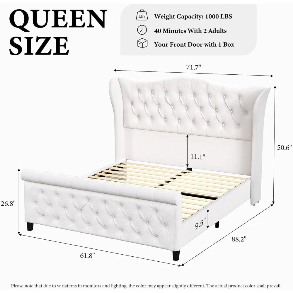 King Size Chenille Upholstered Bed Frame, Sleigh Platform Bed Frames with 51" Tall Wingback Headboard & 27" Scroll Footboard