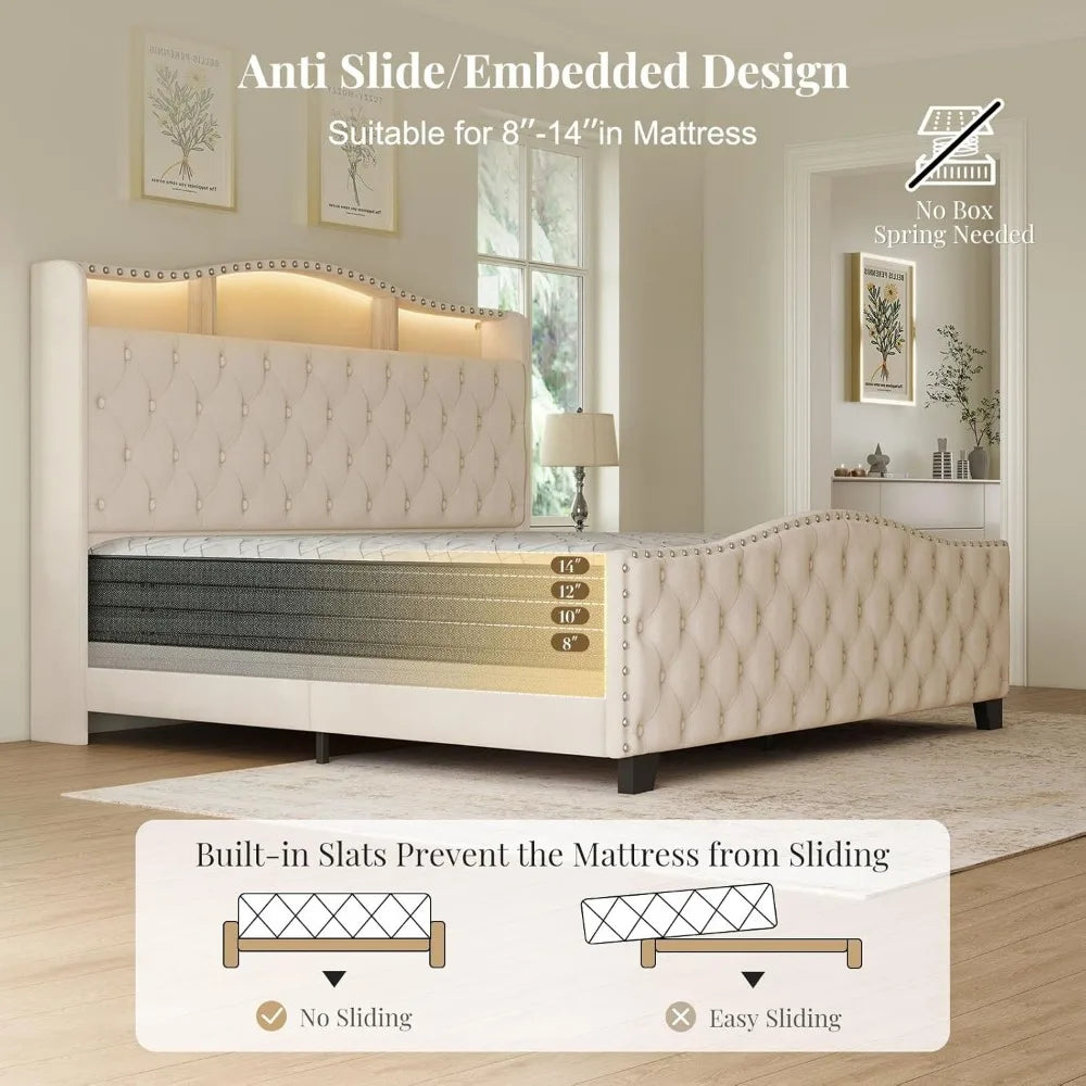 Belffin King Size Bed Frame and Headboard, 50.9" Velvet Upholstered Wingback Bedframe with LED Lights & Storage/Charging Station