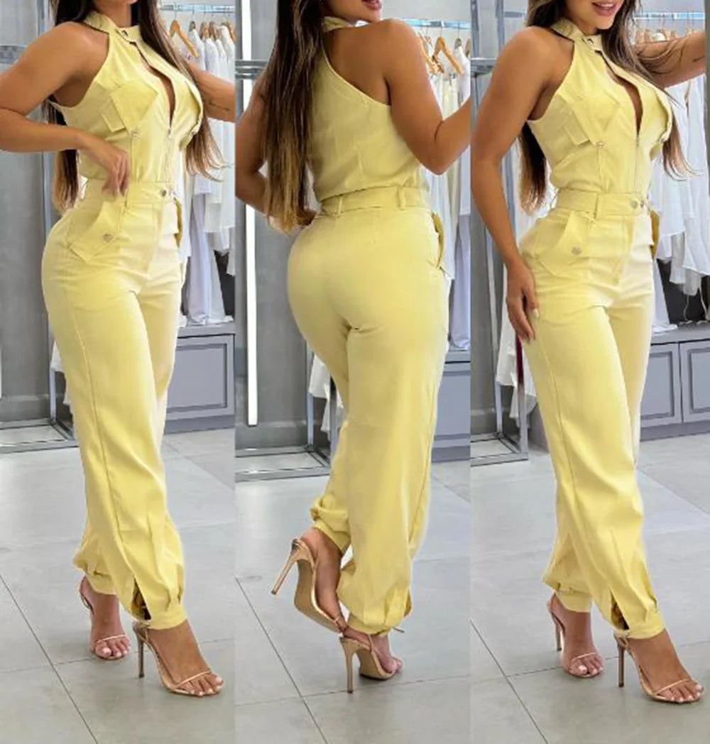 Two Piece Set Women Outfit Summer Sleeveless High Neck Cargo Pockets Design Top & Casual High Waist Cuffed Long Pants Set
