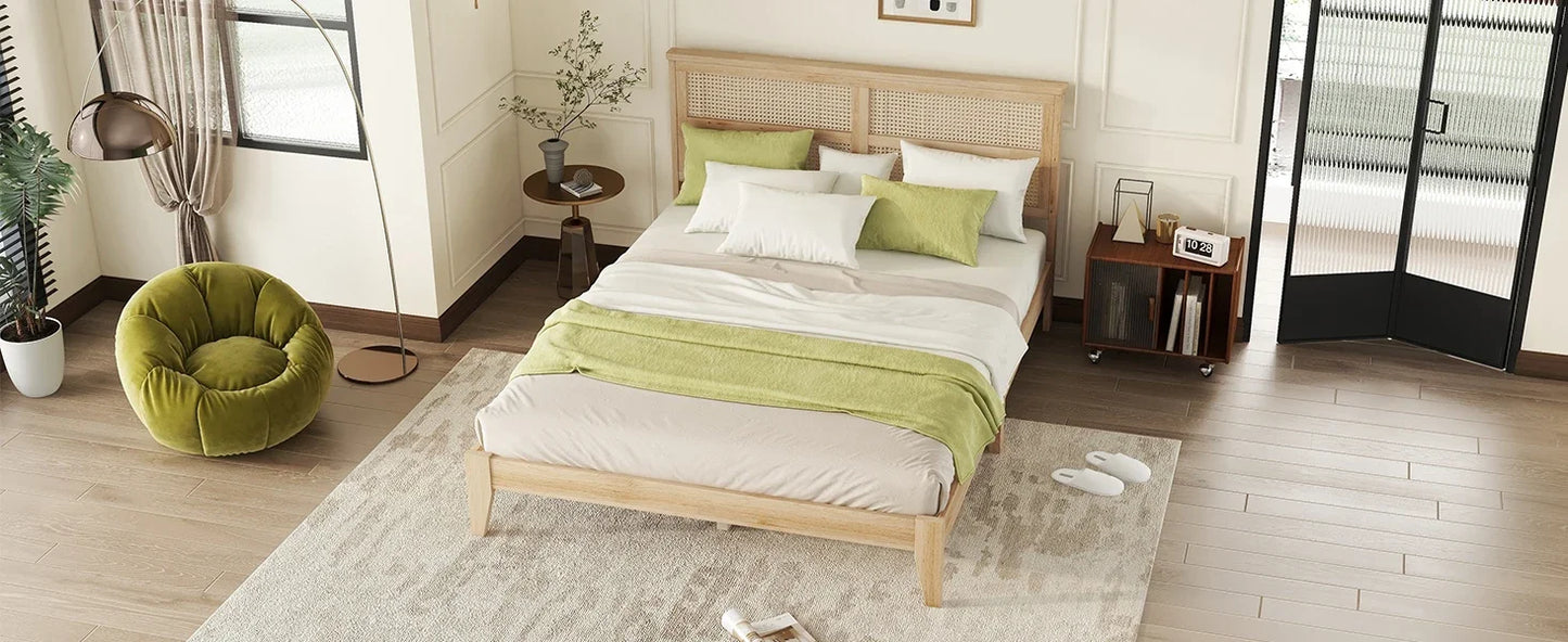 Queen Size Rattan Bed Frame, Natural Wood Bed Frame with Support Legs, Platform Beds with Rattan Headboard, Queen Bed Frame