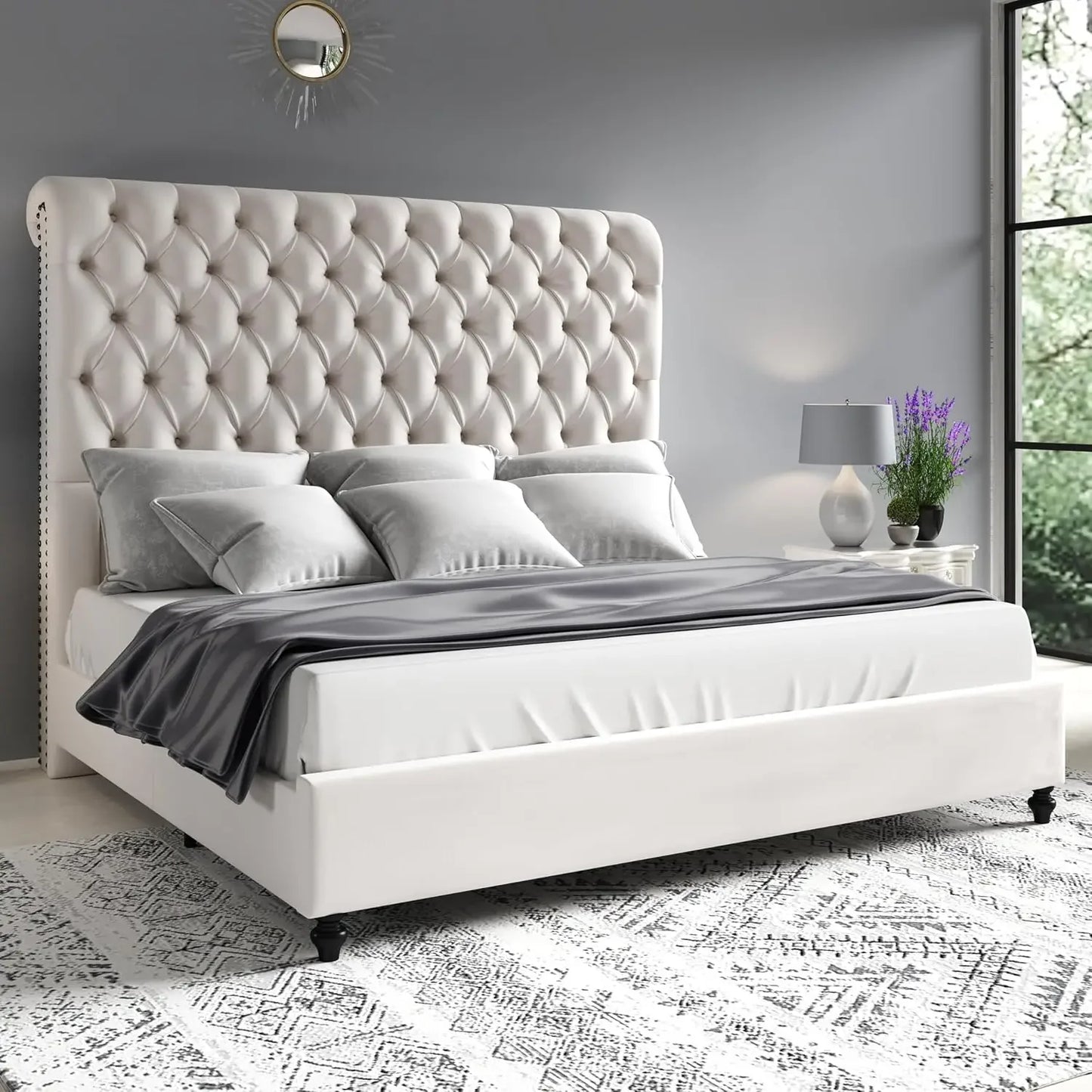 Queen Size Bed Frame with Sleigh Headboard 60" Tall Velvet Upholstered Platform Bed, No Box Spring Needed, Cream
