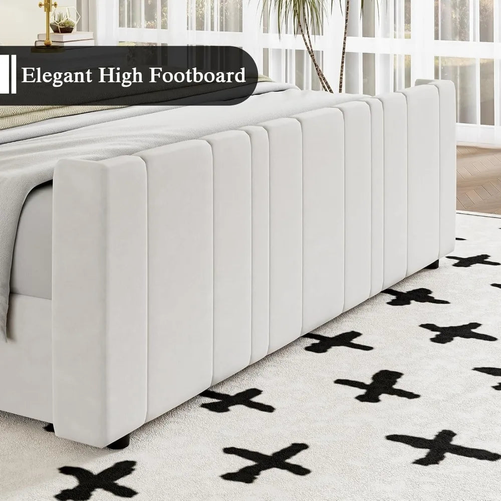 King Size Bed Frame,Wingback Headboard & Footboard, Soft Bed Frame King, Noise Free, Easy Assembly, White