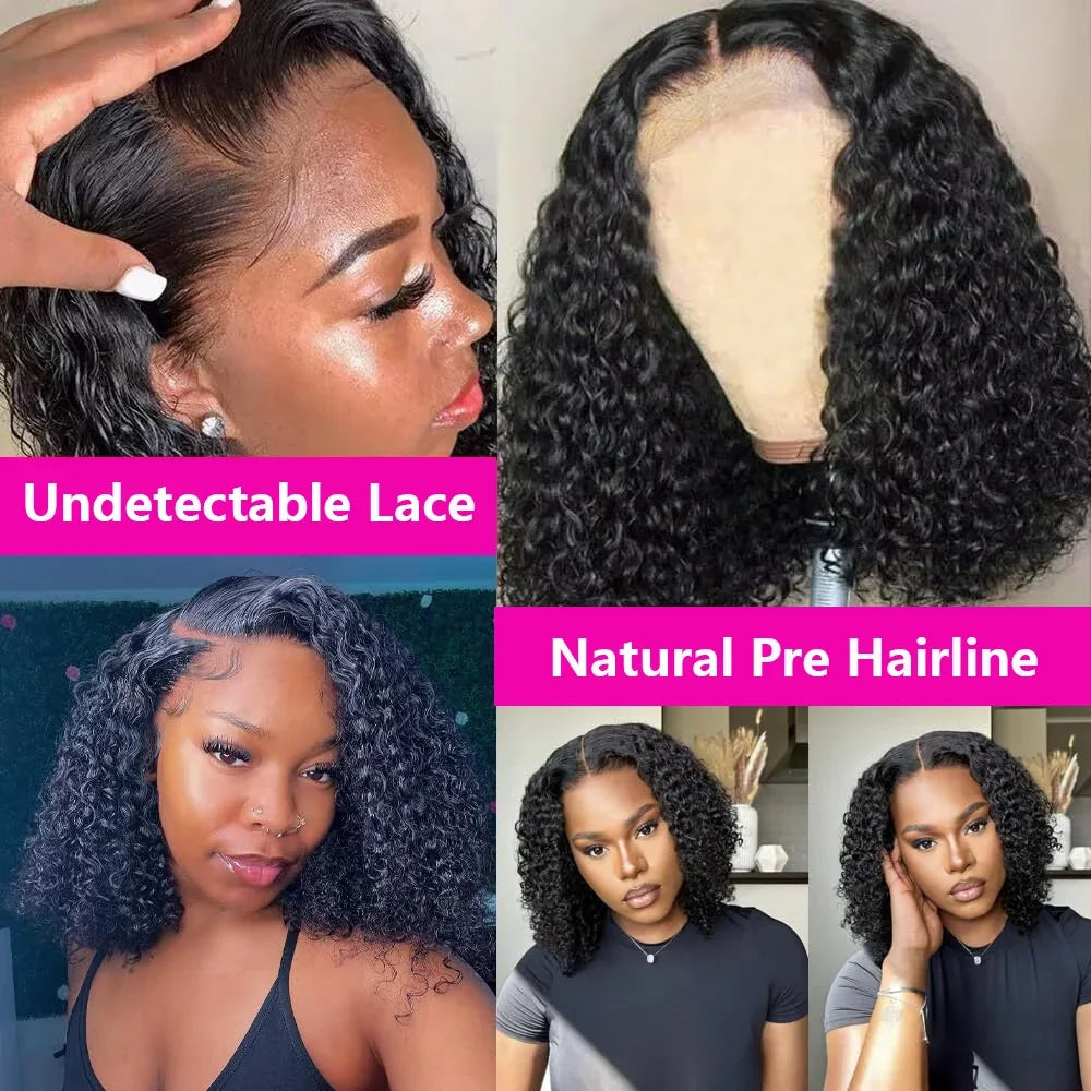 200 Density 13x6 Short Bob  Deep Wave wigs Curly 100% Human Hair 13x4 HD Transparent Lace Front Wig 14 16 Inches