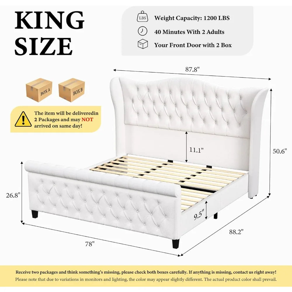 King Size Chenille Upholstered Bed Frame, Sleigh Platform Bed Frames with 51" Tall Wingback Headboard & 27" Scroll Footboard