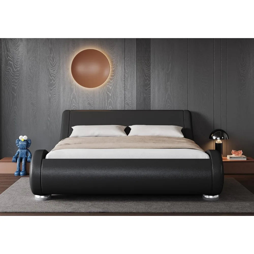 Queen Size Bed Frame with Ergonomic & Adjustable Headboard, Low Profile Modern Upholstered Platform Sleigh Design
