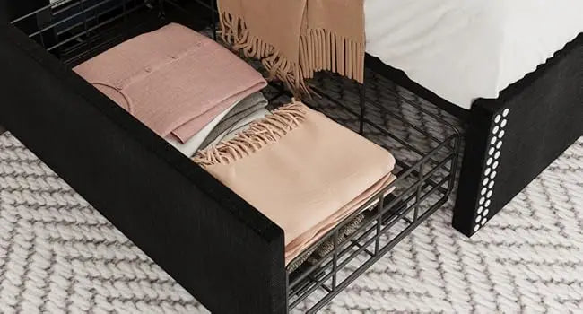 Large Bed Frame with 4 Storage Drawers and Storage Headboard Equipped with Charging Station Diamond Sewn Button Tufted Design