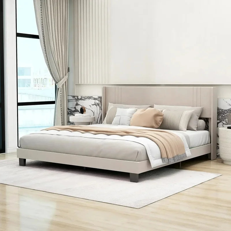 King Size Upholstered Platform Bed Frame with Headboard, Wooden Slats, Easy Assembly, No Box Spring Needed, Beige Velvet.