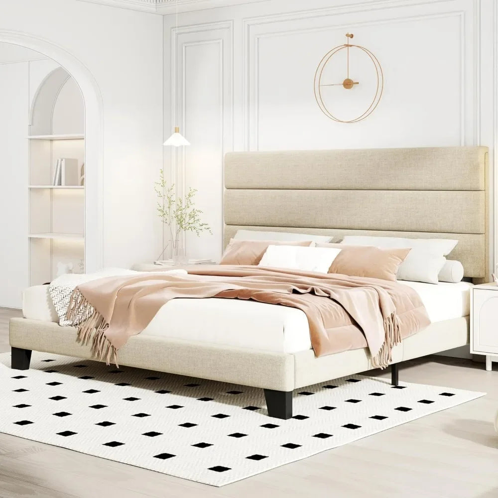 HOOMIC King Size Bed Frame with Headboard, Fabric Upholstered Platform Bed with Strong Wood Slats Support, Mattress Foundation,