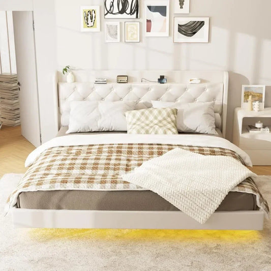 King Bed Frame, Floating with LED Lights, Upholstered Bed with Charging Station, No Box Spring Needed, Bed Frame