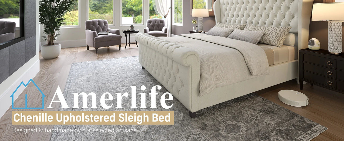 AMERLIFE Queen Size Platform Bed Frame, Chenille Upholstered Sleigh Bed with Wingback Headboard, No Box Spring, Cream