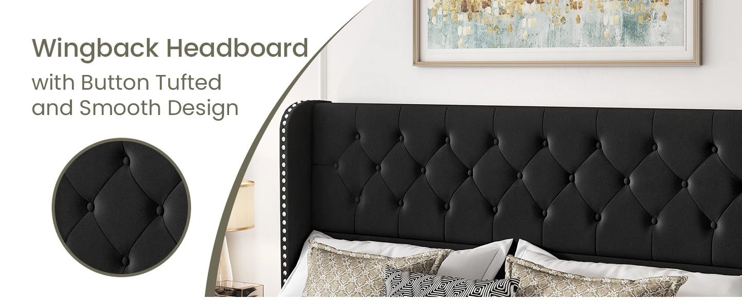 Bedroom Bed, King Size Bed Frame with 4 Storage Drawers and Tufted Headboard Velvet Upholstered Platform Bed Frame Wingback