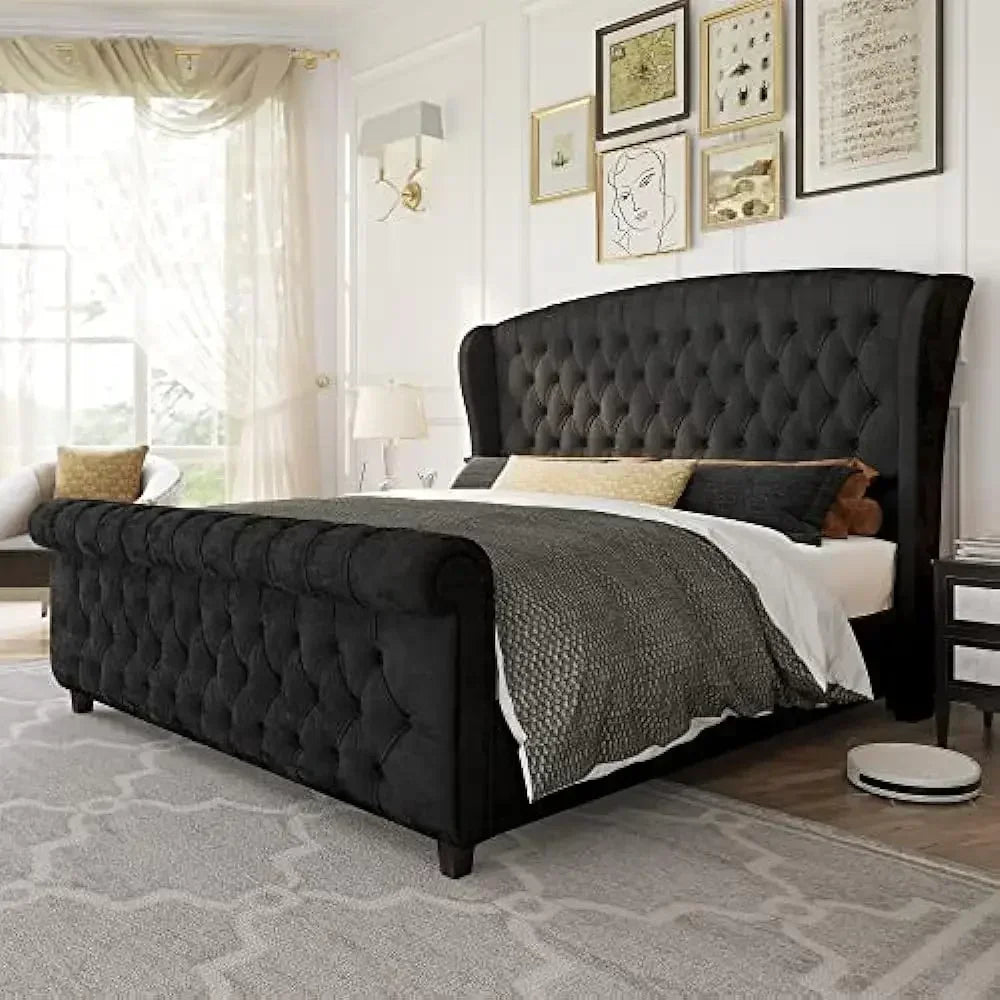 King Size Bed Frame, Chenille Upholstered Sleigh Beds with Scroll Wingback Headboard & Footboard/Button, King Size Bed Frame