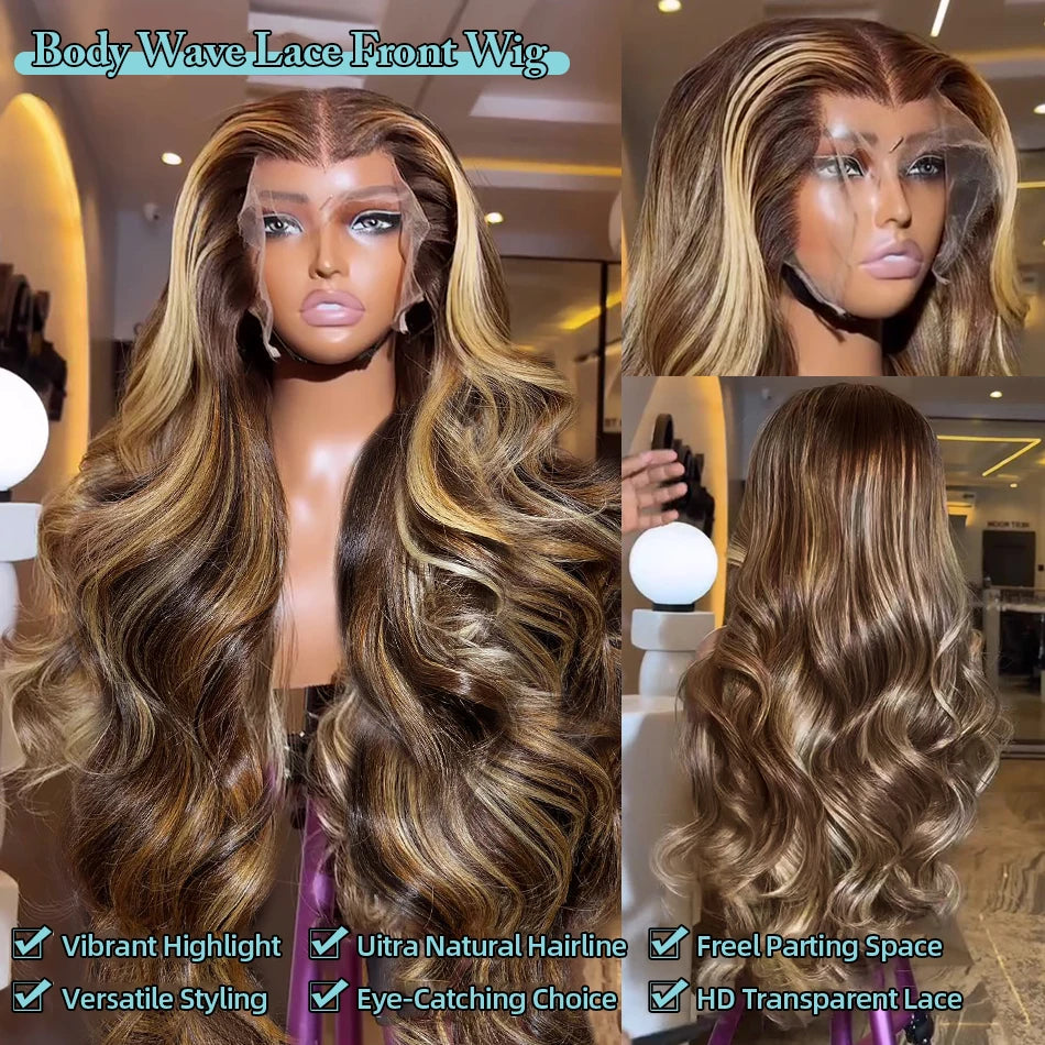30 40 Inch 4/27 Highlight Body Wave 13x4 Human Hair Lace Frontal Wigs 250 Density Colored Ombre 13x6 HD Lace Front Wig For Women