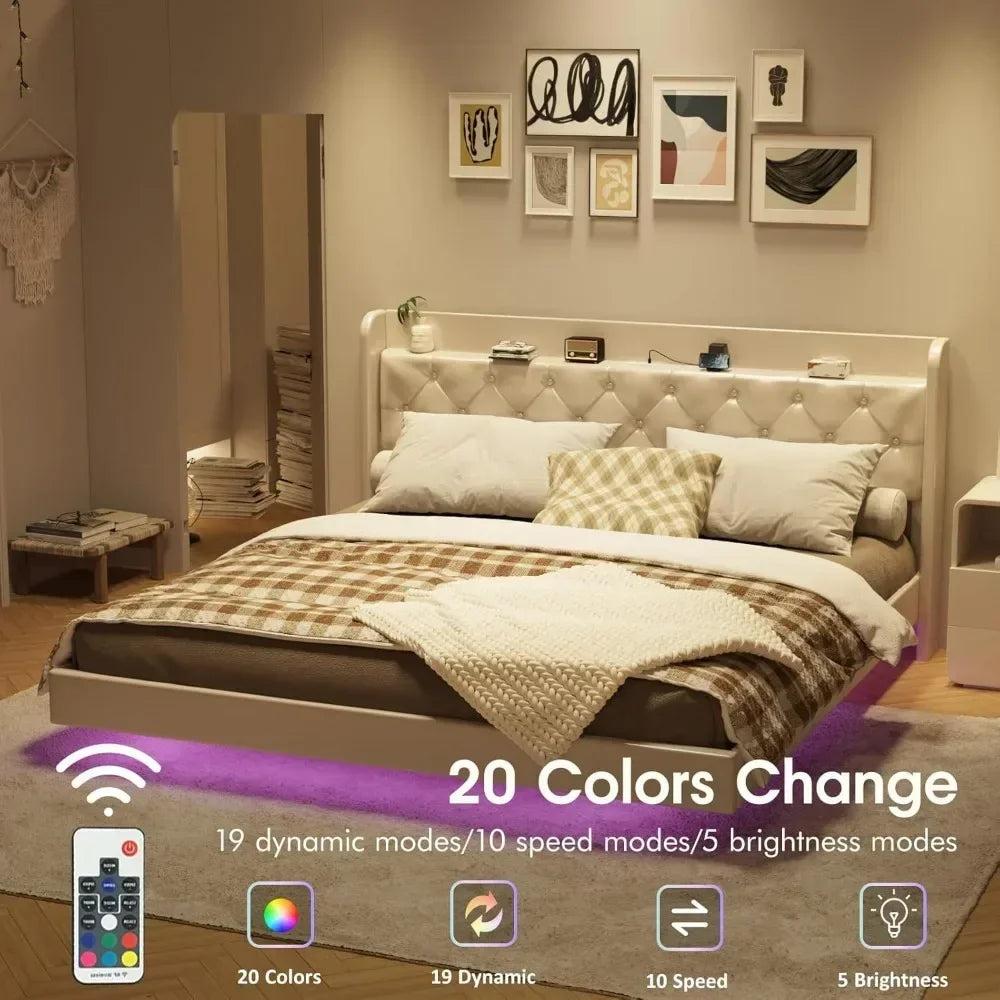 King Bed Frame, Floating with LED Lights, Upholstered Bed with Charging Station, No Box Spring Needed, Bed Frame