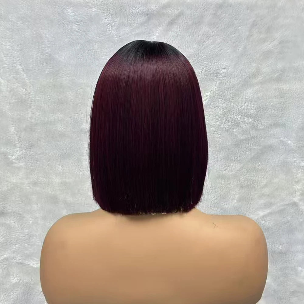 Wine Red Short Bob Human Hair Wig Virgin Brazilian Bone Straight Bob Hair Wig 2x6 Lace Closure Wigs