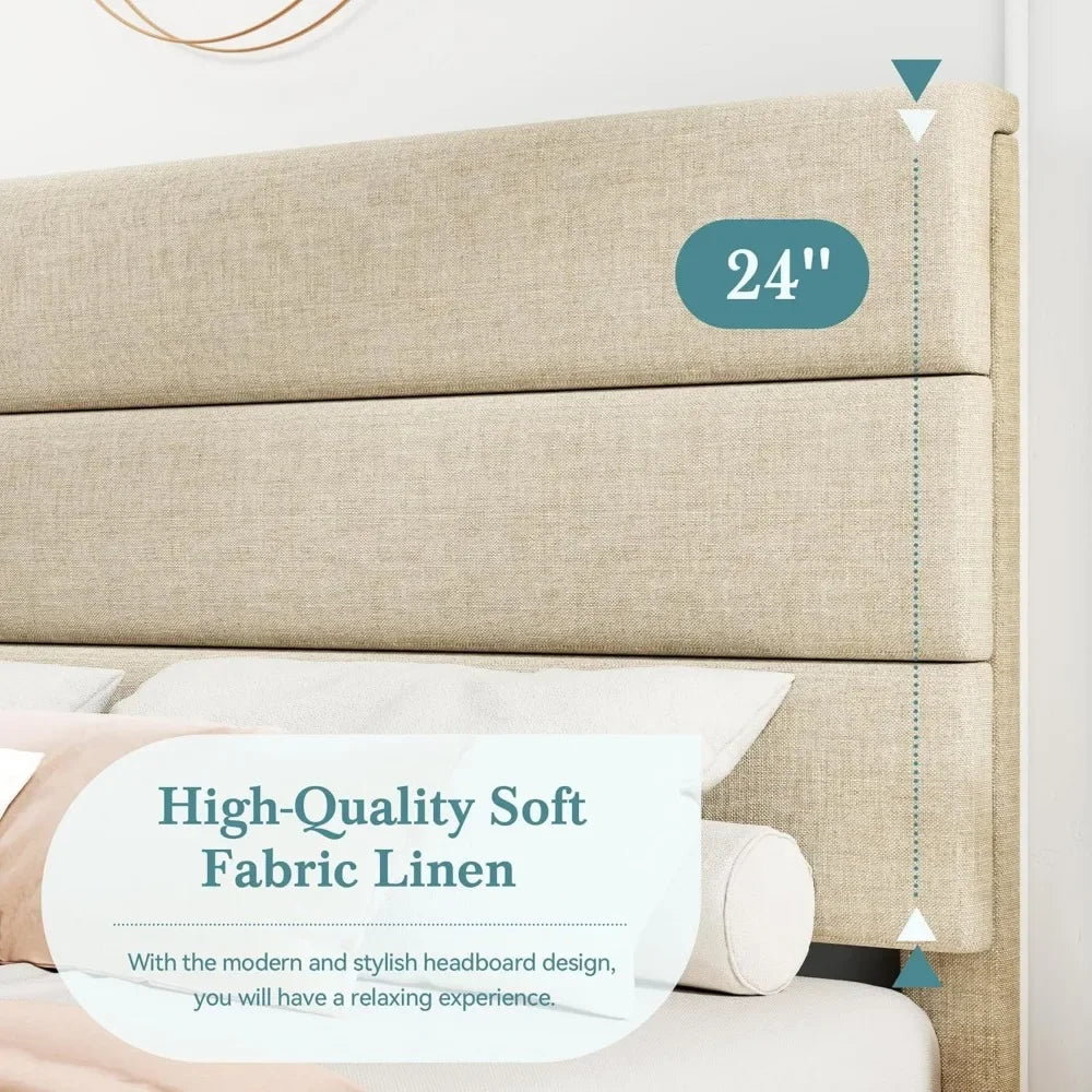 HOOMIC King Size Bed Frame with Headboard, Fabric Upholstered Platform Bed with Strong Wood Slats Support, Mattress Foundation,